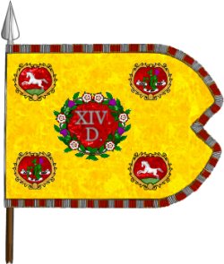 Regimental Guidon of the 14th Dragoons in 1758. Plate created and contributed by Richard Couture from a template by [https://www.europeanheraldry.org/ PMPdeL]